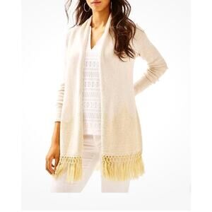 Lilly Pulitzer Tatum Long Fringe Hem Open Cardigan Ivory Gold Metallic Size XL